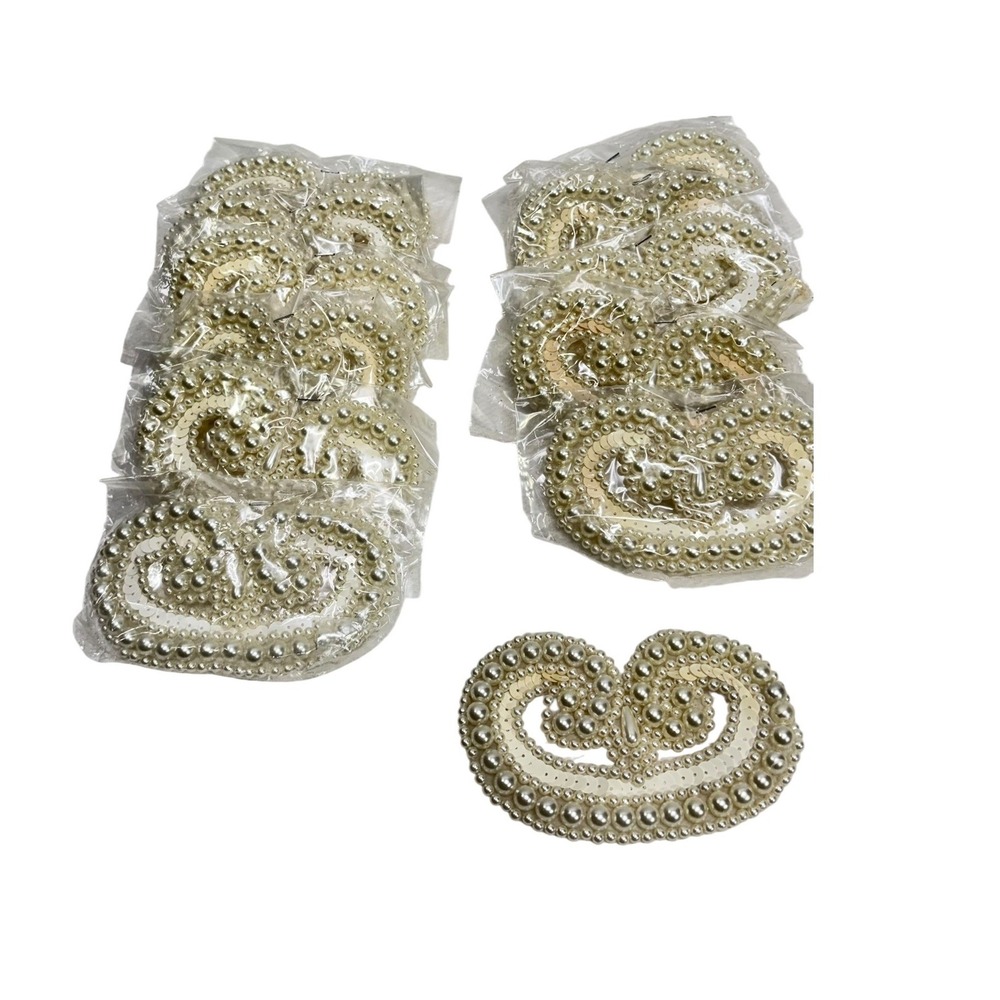 Lot of 10 Ivory Faux Pearl and Sequin Beaded Scroll Heart Sew On Appliques Bride